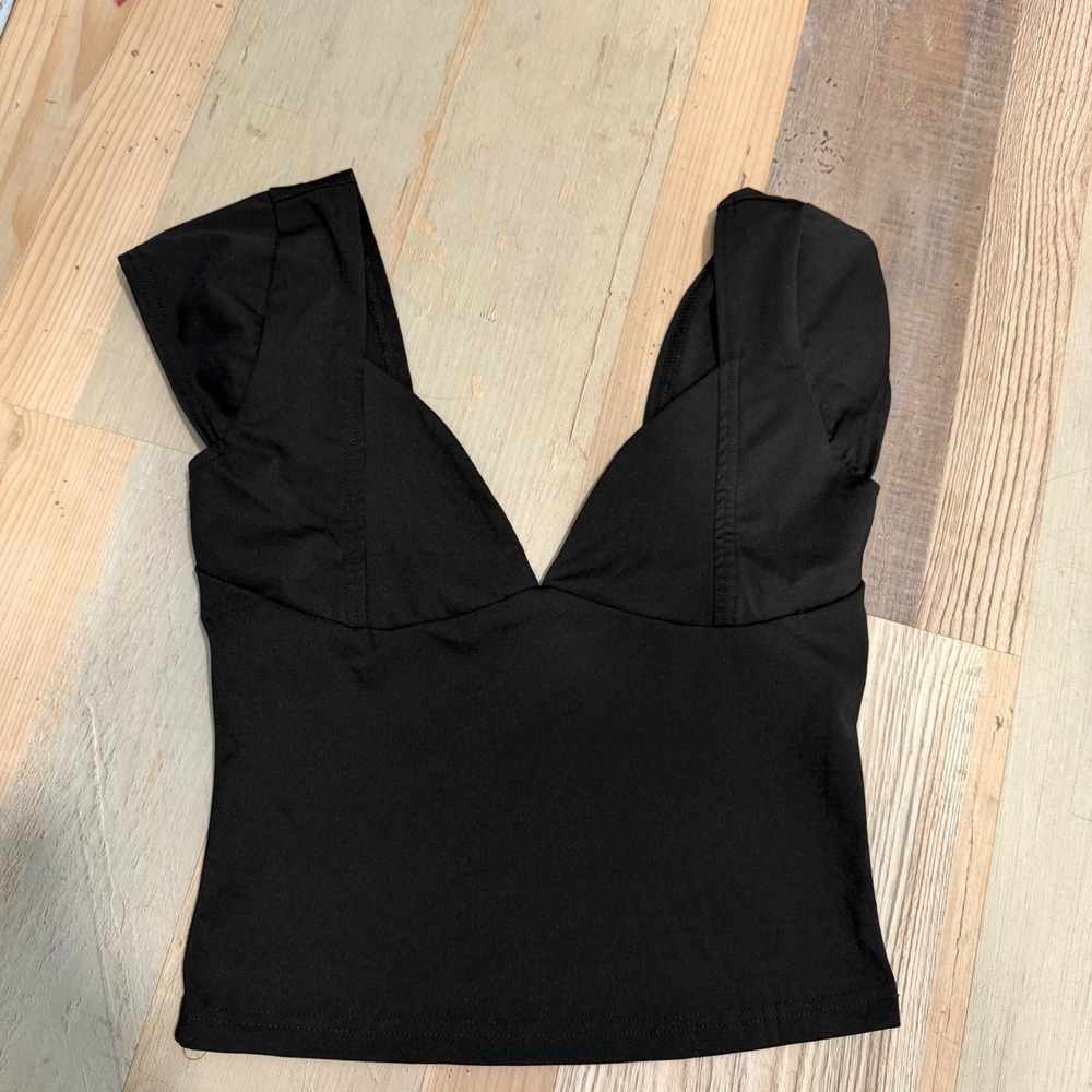 Black Sleeveless V-Neck Crop Top Size S Nylon Spandex Stretch Tank